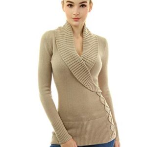 AmélieBoutik Women Shawl Collar Faux Wrap Lace Up Long Sleeve Sweater (Deep Beige X-Small)