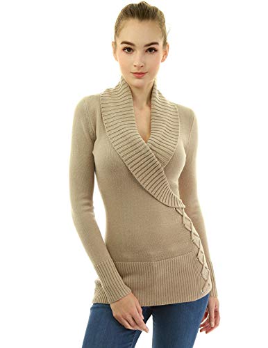 AmélieBoutik Women Shawl Collar Faux Wrap Lace Up Long Sleeve Sweater (Deep Beige X-Small)