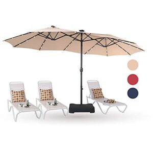 phi villa 15ft large patio umbrella with solar lights, double-sided outdoor market rectangle umbrellas with 36 led lights, base (stand) included, beige