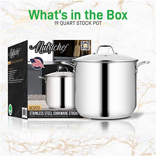 NutriChef 19-Quart Stainless Steel Stock Pot - 18/8 Food Grade Heavy Duty Induction Large Stock Pot, Stew Pot, Simmering Pot, Soup Pot with See Through Lid, Dishwasher Safe - NutriChef NCSP20