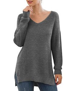 grecerelle women's v-neck long sleeve side split loose casual knit pullover sweater blouse dark gray-medium
