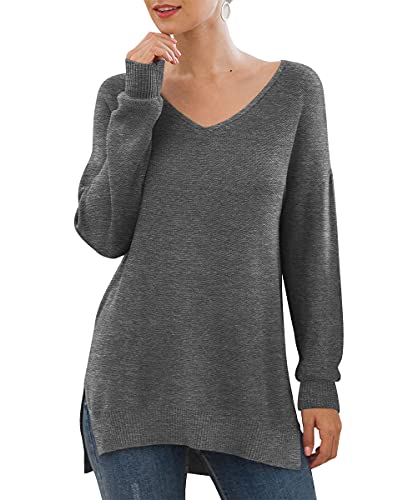 GRECERELLE Women's V-Neck Long Sleeve Side Split Loose Casual Knit Pullover Sweater Blouse Dark Gray-Medium