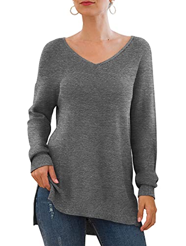 GRECERELLE Women's V-Neck Long Sleeve Side Split Loose Casual Knit Pullover Sweater Blouse Dark Gray-Medium