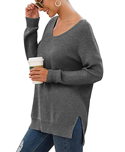 GRECERELLE Women's V-Neck Long Sleeve Side Split Loose Casual Knit Pullover Sweater Blouse Dark Gray-Medium