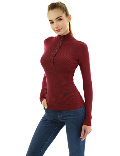 AmélieBoutik Women Button Up V Neck Ribbed Pullover Sweater with Pocket (Burgundy Small)