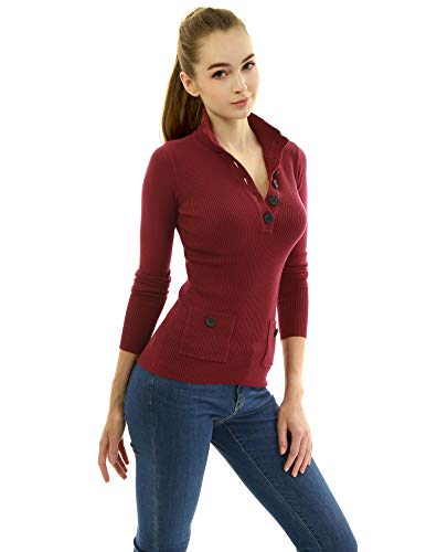 AmélieBoutik Women Button Up V Neck Ribbed Pullover Sweater with Pocket (Burgundy Small)