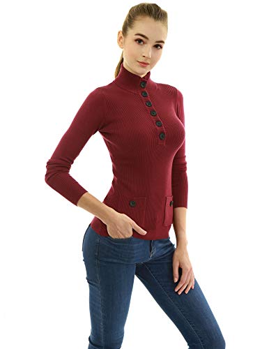 AmélieBoutik Women Button Up V Neck Ribbed Pullover Sweater with Pocket (Burgundy Small)