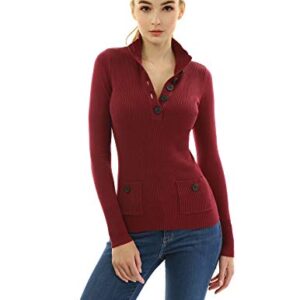 AmélieBoutik Women Button Up V Neck Ribbed Pullover Sweater with Pocket (Burgundy Small)