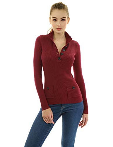 AmélieBoutik Women Button Up V Neck Ribbed Pullover Sweater with Pocket (Burgundy Small)