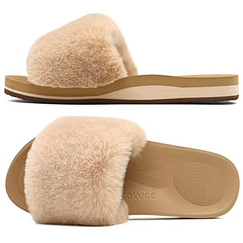 COFACE Womens Slides Fuzzy House Slippers for Women Open Toe Fluffy Slippers With Arch Support Plantar Fasciitis Orthotic Slippers Women House Shoes Indoor Size 6