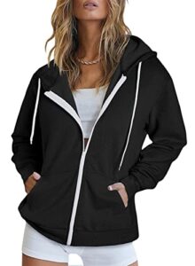 dokotoo women's fall solid full zip up black hoodie long sleeve oversized hooded ladies sweatshirts pockets jacket coat for women teen girls 2023 fashion casual x-large