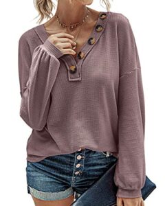 btfbm women waffle knit shirts v-neck long sleeve casual slouchy loose blouses plain faux button lightweight pullover (purple, large)