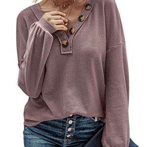 BTFBM Women Waffle Knit Shirts V-Neck Long Sleeve Casual Slouchy Loose Blouses Plain Faux Button Lightweight Pullover (Purple, Large)