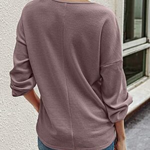 BTFBM Women Waffle Knit Shirts V-Neck Long Sleeve Casual Slouchy Loose Blouses Plain Faux Button Lightweight Pullover (Purple, Large)