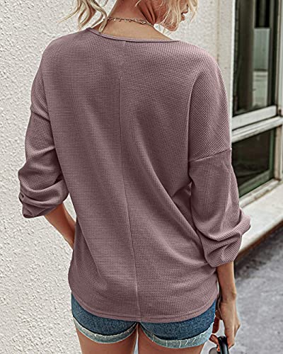 BTFBM Women Waffle Knit Shirts V-Neck Long Sleeve Casual Slouchy Loose Blouses Plain Faux Button Lightweight Pullover (Purple, Large)
