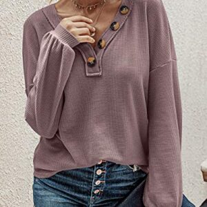 BTFBM Women Waffle Knit Shirts V-Neck Long Sleeve Casual Slouchy Loose Blouses Plain Faux Button Lightweight Pullover (Purple, Large)