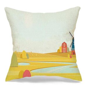 Decorative Linen Throw Pillow Cover Cushion Case Grain Wind Rural Design Summer with Farm Land Landscape Harvest Village Old Windmill Parks Outdoor Farmhouse Pillowcase for Car Couch 16x16 Inch