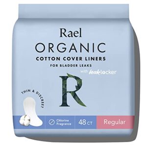 rael incontinence liners for women, organic cotton cover - postpartum essential, regular absorbency, bladder leak control, 4 layer core with leak guard technology, (regular, 48 count)