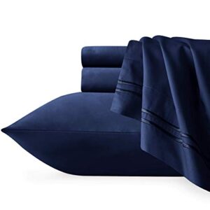 chun yi luxury cotton bed sheet set, 4 piece california king bedding sets-tencel fitted, flat sheet & pillowcases, deep pocket to easily cover mattress(navy blue)
