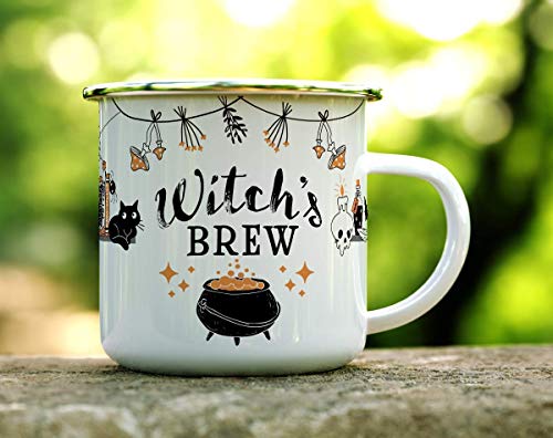 Halloween Fall Autumn Season Enamel Campfire Mug, Witch's Brew Outdoor Camping Coffee Cup, Gift for Friend, Mom, Sister, Coworker (12oz)