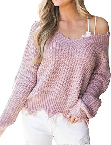 PAODIKUAI Women's Loose Off The Shoulder Sweater V Neck Long Sleeve Ripped Jumper Pullover Knitted Crop Top (Pink, Small)