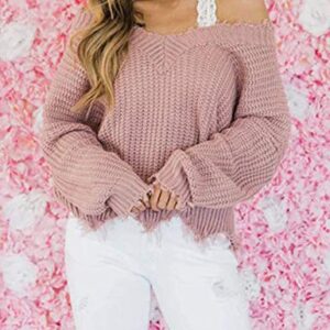 PAODIKUAI Women's Loose Off The Shoulder Sweater V Neck Long Sleeve Ripped Jumper Pullover Knitted Crop Top (Pink, Small)