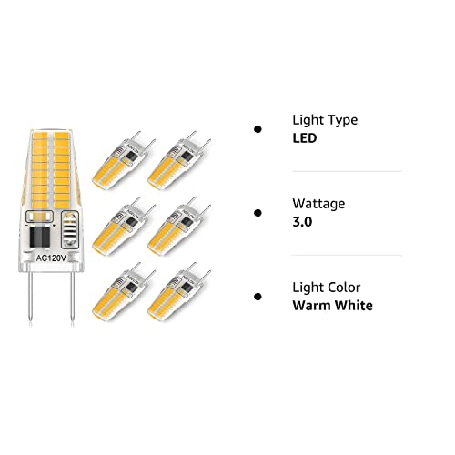 G8 LED Bulb 3W, 20W-25W Halogen Equivalent, Dimmable, T4 JCD Type Bi-Pin G8 Base, Warm White 3000K, AC 120V G8 Bulbs for Puck Light, Under Cabinet Light, Under Counter Kitchen Lighting (6 Pack)