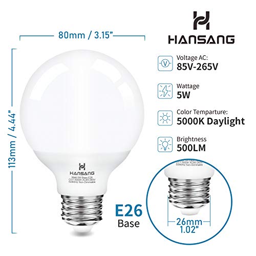 hansang Vanity Light Bulb 5000K Daylight 8 Pack G25 LED Globe Light Bulb for Bathroom Vanity Mirror Decorative,E26 Medium Base, 5W 60W Incandescent Equivalent,500LM,Non-dimmable