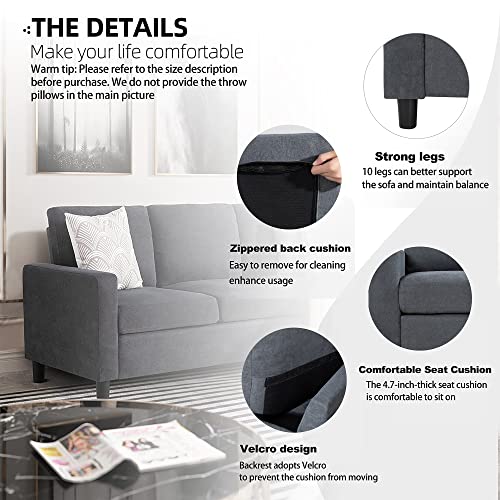 JY QAQA Convertible Sectional Sofa Couch with 3-Seat Sofa, L-Shaped Ottoman Couch with Modern Linen Fabric for Small Living Room, Apartment and Small Space (Dark Grey)