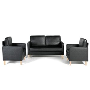 aileekiss mid-century sectional sofa set faux leather office 3 pcs couch set with armrest modern upholstered loveseat couches (1-seater+1-seater+2-seater, black)
