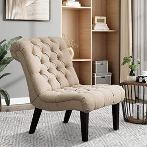 alunaune living room chair modern accent chair, upholstered tufted armless bedroom chair sofa backrest fabric recliner lounge chair wood legs-khaki