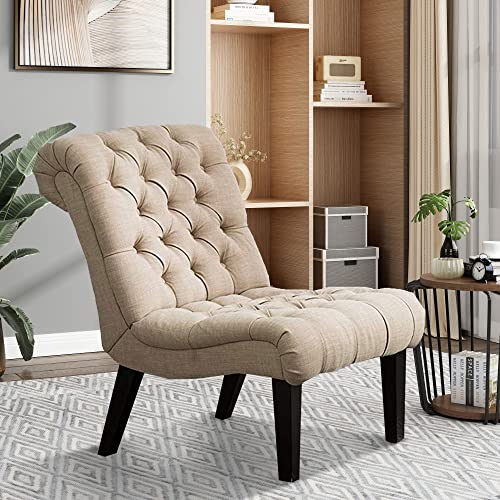 Alunaune Living Room Chair Modern Accent Chair, Upholstered Tufted Armless Bedroom Chair Sofa Backrest Fabric Recliner Lounge Chair Wood Legs-Khaki