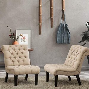 Alunaune Living Room Chair Modern Accent Chair, Upholstered Tufted Armless Bedroom Chair Sofa Backrest Fabric Recliner Lounge Chair Wood Legs-Khaki