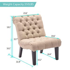 Alunaune Living Room Chair Modern Accent Chair, Upholstered Tufted Armless Bedroom Chair Sofa Backrest Fabric Recliner Lounge Chair Wood Legs-Khaki