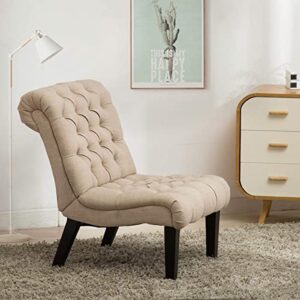 Alunaune Living Room Chair Modern Accent Chair, Upholstered Tufted Armless Bedroom Chair Sofa Backrest Fabric Recliner Lounge Chair Wood Legs-Khaki