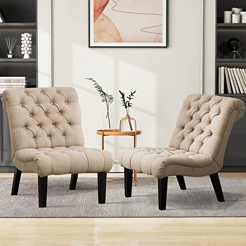 Alunaune Living Room Chair Modern Accent Chair, Upholstered Tufted Armless Bedroom Chair Sofa Backrest Fabric Recliner Lounge Chair Wood Legs-Khaki