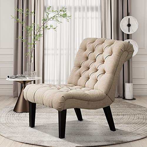 Alunaune Living Room Chair Modern Accent Chair, Upholstered Tufted Armless Bedroom Chair Sofa Backrest Fabric Recliner Lounge Chair Wood Legs-Khaki