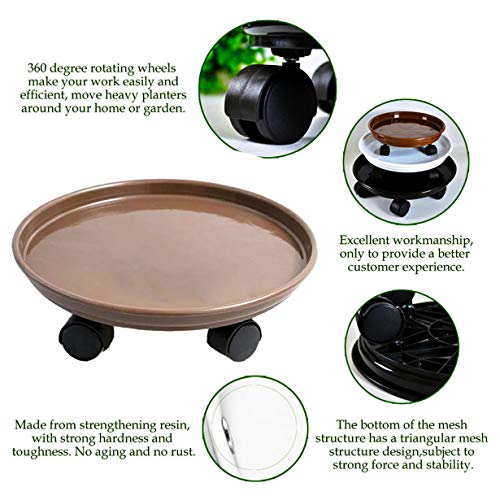 14inch Plant Stand with 5 Wheels, Brown Plant Caddy, Round Flower Pot Mover, Indoor Rolling Planter Dolly on Wheels, Outdoor Planter Trolley Casters Rolling Plant Tray (1pcs)