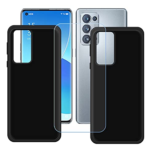 YZKJSZ Case for Oppo Reno 6 Pro+ 5G Cover + Screen Protector Tempered Glass Protective Film - [2 Pack] Soft Gel Black TPU Silicone Protection Case for Oppo Reno 6 Pro+ 5G (6.55")