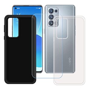 fzzszs case for oppo reno 6 pro+ 5g + tempered glass screen protector protective film,slim transparent + black soft gel tpu silicone protection case cover for oppo reno 6 pro+ 5g (6.55")