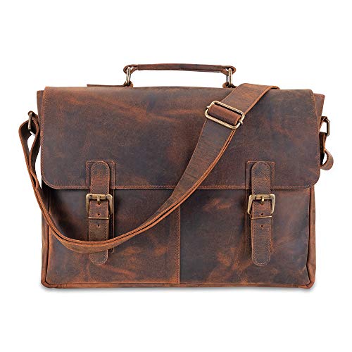 moonster Leather Messenger Bag for Men, Rustic Messenger Bag for Women – Handmade Full Grain Distressed Buffalo Leather – 16 Inch Laptop Bag with Padded Compartment, Pockets & Adjustable Strap