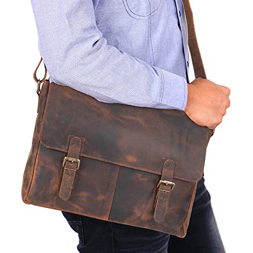 moonster Leather Messenger Bag for Men, Rustic Messenger Bag for Women – Handmade Full Grain Distressed Buffalo Leather – 16 Inch Laptop Bag with Padded Compartment, Pockets & Adjustable Strap