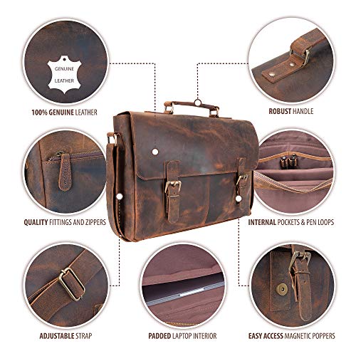 moonster Leather Messenger Bag for Men, Rustic Messenger Bag for Women – Handmade Full Grain Distressed Buffalo Leather – 16 Inch Laptop Bag with Padded Compartment, Pockets & Adjustable Strap