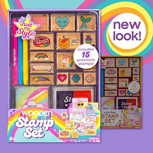 Just My Style Wood Stamp Set by Horizon Group USA, 15 Wooden Stamps, Scrapbooking Sheets, Colorful Markers, Stationery Set, 2-Tone Stamp Pad