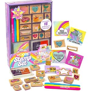just my style wood stamp set by horizon group usa, 15 wooden stamps, scrapbooking sheets, colorful markers, stationery set, 2-tone stamp pad