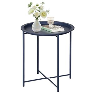 vecelo modern end side tables,round metal foldable tray,stable snack nightstand for outdoors,small space,living room and balcony, blue, 18.5 in x 18.5 in x 19.7 in