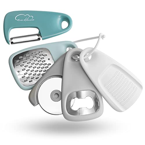 Kitchen Gadgets Set 5 Pieces, Space Saving Cooking Tools Cheese Grater, Bottle Opener, Fruit/Vegetable Peeler, Pizza Cutter, Garlic/Ginger Grinder, Stainless Steel Accessories Dishwasher Safe(Blue)…