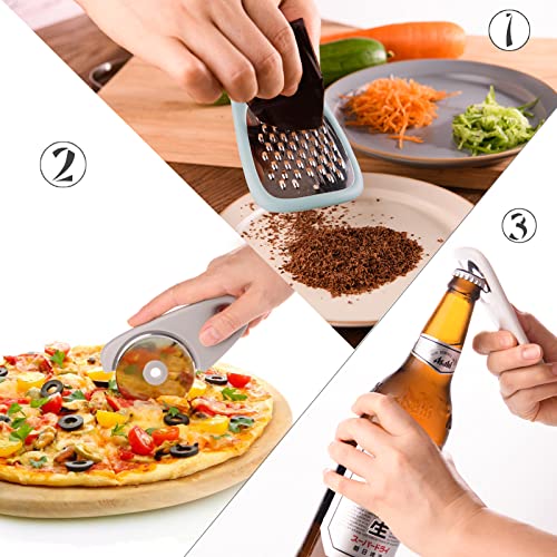 Kitchen Gadgets Set 5 Pieces, Space Saving Cooking Tools Cheese Grater, Bottle Opener, Fruit/Vegetable Peeler, Pizza Cutter, Garlic/Ginger Grinder, Stainless Steel Accessories Dishwasher Safe(Blue)…