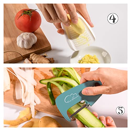 Kitchen Gadgets Set 5 Pieces, Space Saving Cooking Tools Cheese Grater, Bottle Opener, Fruit/Vegetable Peeler, Pizza Cutter, Garlic/Ginger Grinder, Stainless Steel Accessories Dishwasher Safe(Blue)…