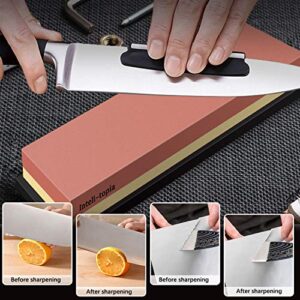 Complete Knife Sharpening Stone Set – Dual Grit Whetstone 400/1000 3000/8000 Premium Whetstone Knife Sharpener with Leather Strop, Flattening Stone, Bamboo Base, 3 Non-slip Rubber Bases & Angle Guide